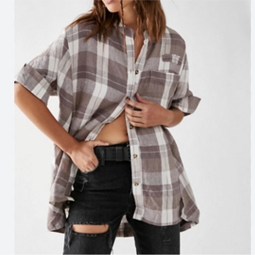 Free People Plaid Button Down Shirt - Brown and White